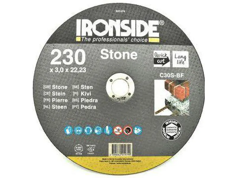 Ironside 201474 kappeskive stein 230 x 3,0 22mm for vinkelsliperen kapping av og byggematerialer
