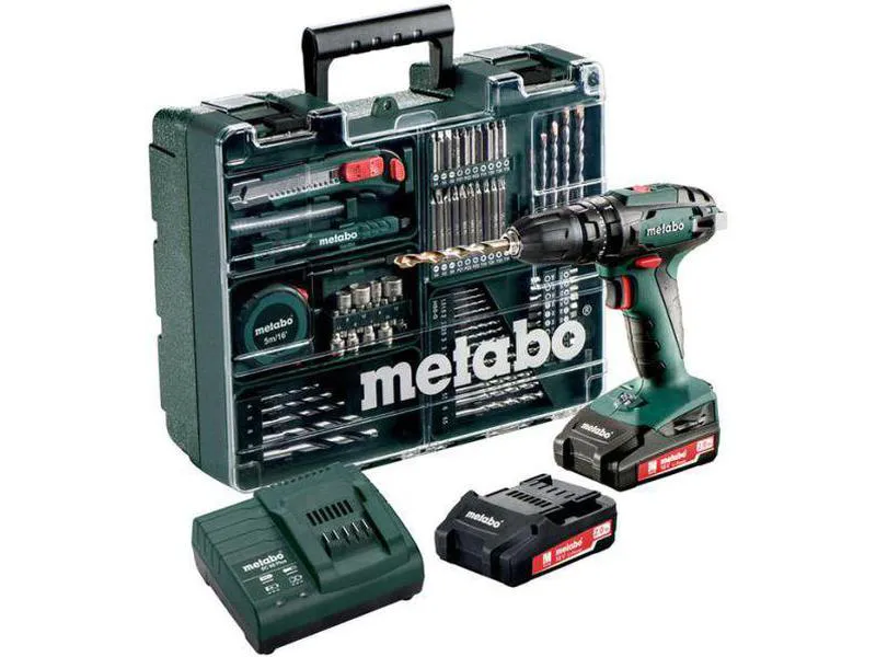 Metabo sb 18 set slagdrill med batteri og lader en på 18volt stort tilbehørssett slagbormaskinen har chuck 10mm ekstremt kort
