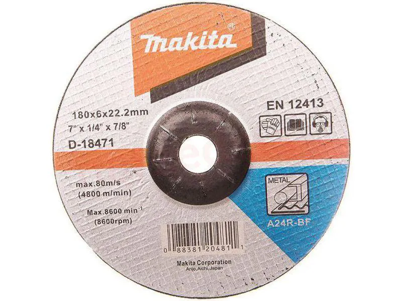 Makita d-18471 slipeskive 180mm en for stål og metall med diameter på tykkelse 6mm et klingehull 22,23mm