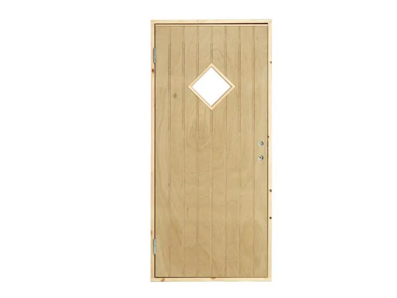 Boddør med vindu venstrehengt 94,8 x 205 cm fôret med sporet kryssfiner. - isolert boddør med vindu - døren måler 94,8 x 205 cm