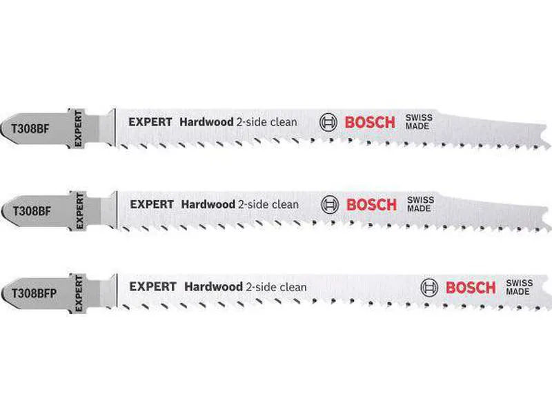 Bosch t 308 stikksagbladsett 3 deler med to t308bf for rette kutt og en t308bfp vinklede ekstra høy presisjon bladene er
