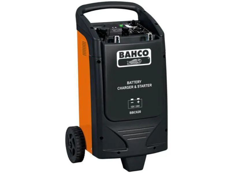 Bahco bbc620 starthjelp med innebygd batterilader på 12volt for kjøretøy og 24volt starthjelpen har hjul enkel forflytning er